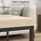 3.5 cm thick oak-look tabletop on black steel frame; close-up of tabletop edge