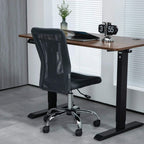 Dark grey mesh office chair with padded seat, swivel casters, and armless back design.
