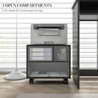 Black printer cabinet showing two-tier compartments and open front storage