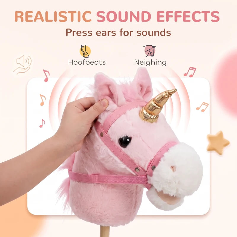 Pink plush unicorn stick horse showing pressed ear for sound, gold horn
