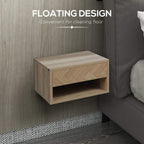 Natural wood floating bedside table with open shelf and drawer beside sofa.