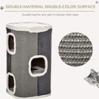 Grey sisal cat barrel scratcher with woven sisal side and plush-lined openings