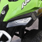Toddler ride-on car walker front headlight and bumper detail in green and black