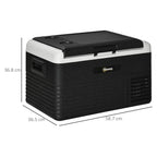 Grey and black portable car refrigerator with side ports and top carry handle
