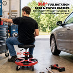 Red and black 360° swivel padded workshop stool with rolling caster wheels