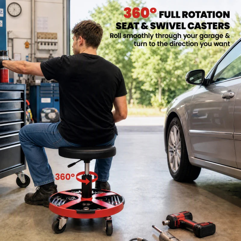 Red and black 360° swivel padded workshop stool with rolling caster wheels