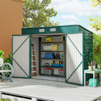 Green metal garden shed with open double doors showing shelves and tools storage inside