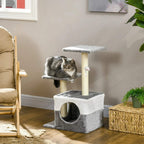 Grey cat tree tower with plush perches, enclosed condo, sisal posts, and toy mouse