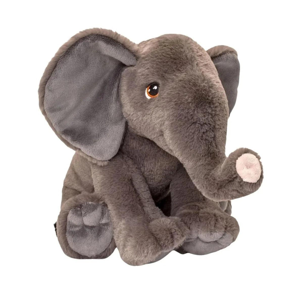Gray plush elephant toy with floppy ears, amber embroidered eyes, soft trunk, 45cm.