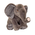 Gray plush elephant toy with floppy ears, amber embroidered eyes, soft trunk, 45cm.