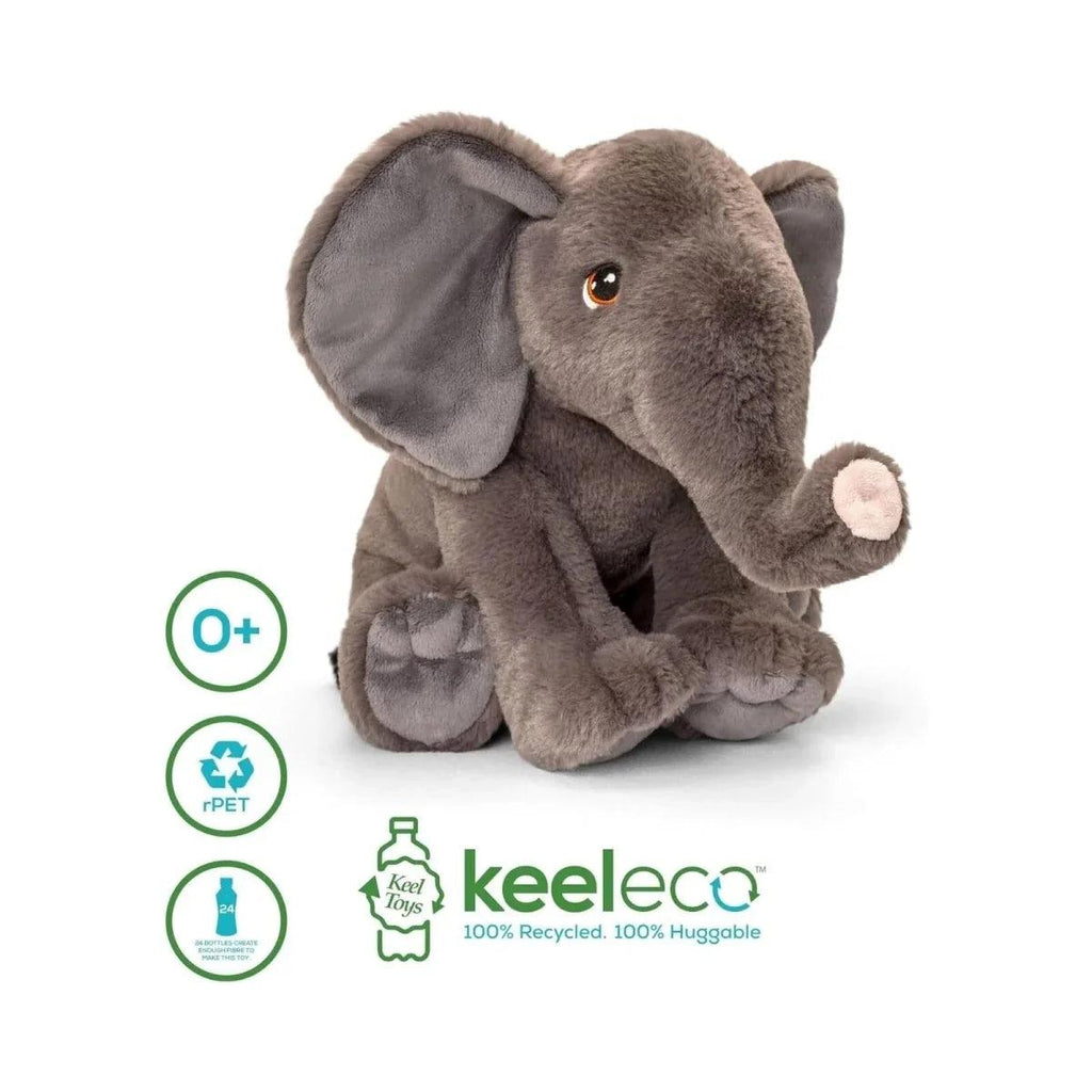 Gray plush elephant stuffed toy with floppy ears, amber eye, and round soft feet.