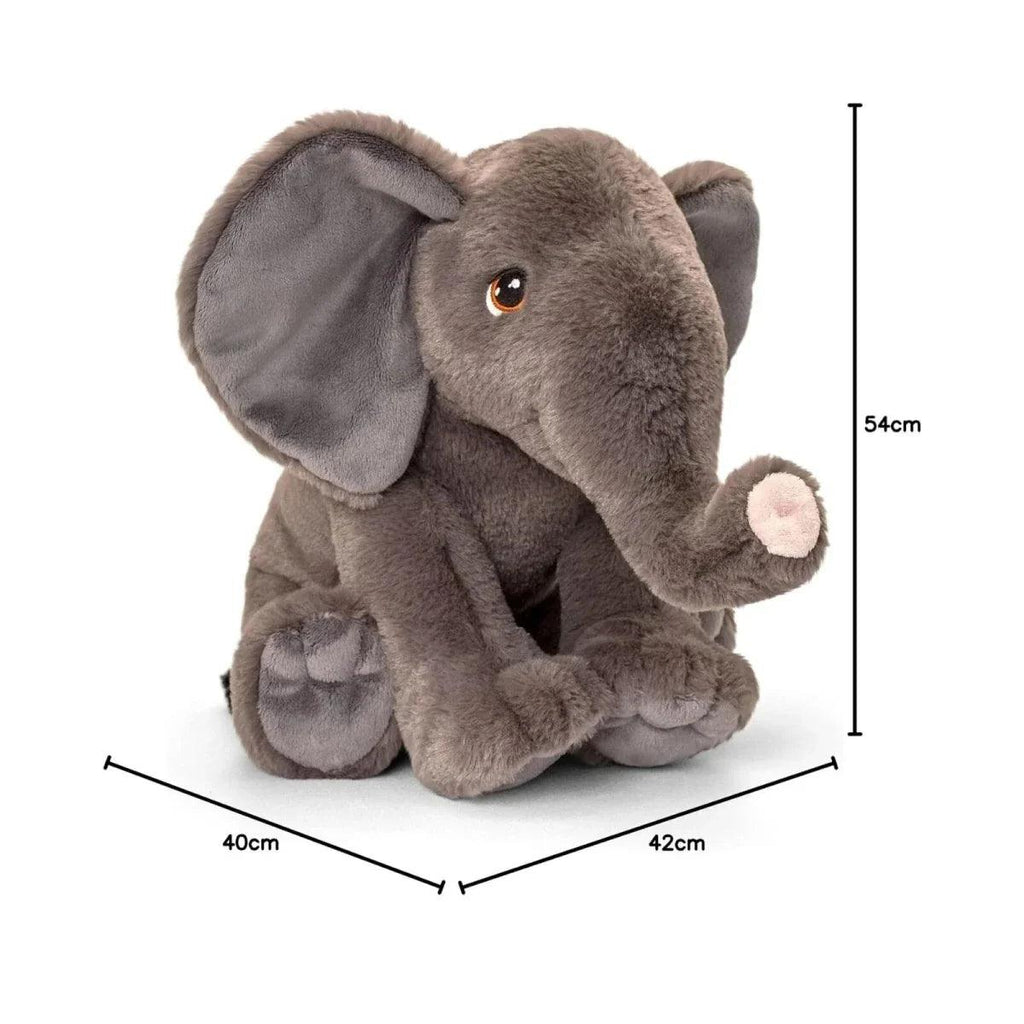 Gray plush elephant toy with floppy ears; 54cm high, 40cm wide, seated.