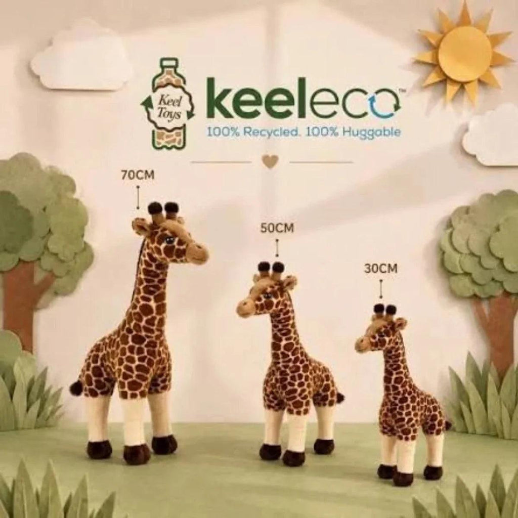 Spotted giraffe plush toy standing, size 70cm shown on display