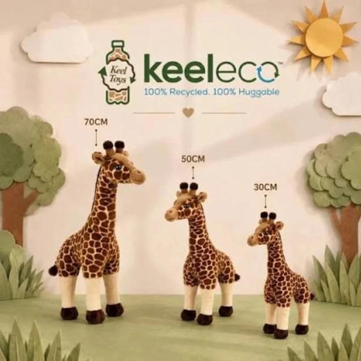 Spotted giraffe plush toy standing, size 70cm shown on display