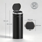 Black 50L automatic motion sensor rubbish bin, lid open and top sensor panel visible