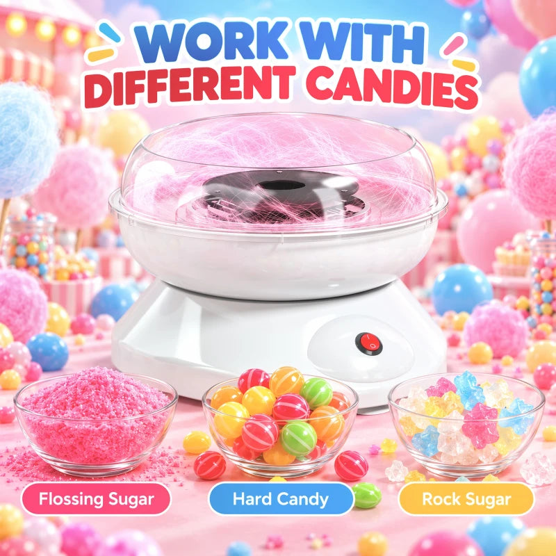 White electric cotton candy maker with clear bowl and black center heating plate
