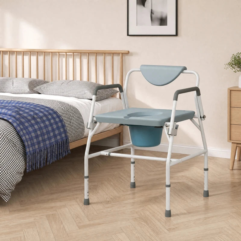 Bedside commode toilet chair with wide blue seat, backrest, and armrests on white frame