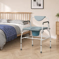 Bedside commode toilet chair with wide blue seat, backrest, and armrests on white frame