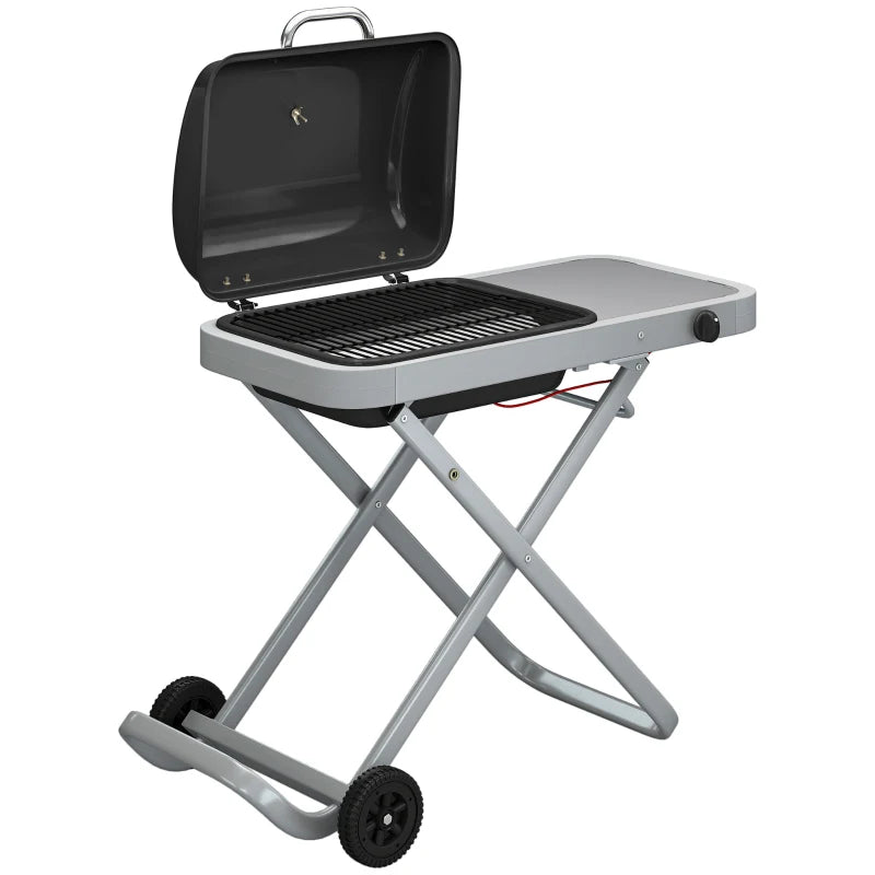 Foldable gas BBQ grill with side table, black lid open, wire cooking grate