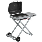Foldable gas BBQ grill with side table, black lid open, wire cooking grate