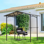 Black BBQ gazebo tent with hardtop roof, open panels, and grilling area under shelter