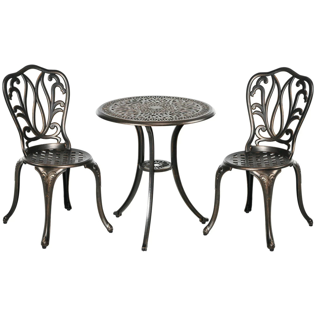 3 Piece Garden Bistro Set Aluminium Outdoor Furniture Set for 2 Patio Chairs and Table with Umbrella Hole Bronze Tone - Bobobiy