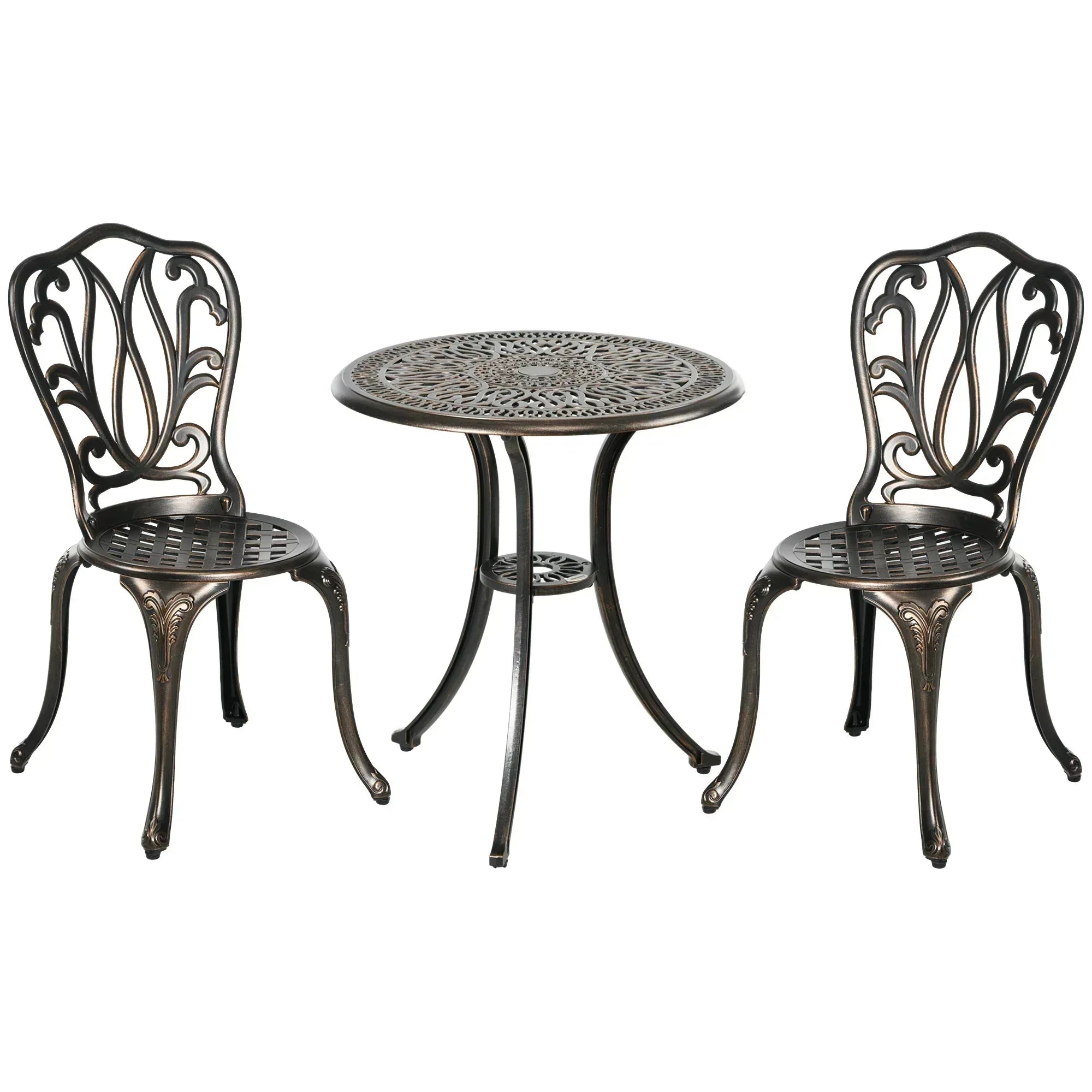 3 Piece Garden Bistro Set Aluminium Outdoor Furniture Set for 2 Patio Chairs and Table with Umbrella Hole Bronze Tone - Bobobiy