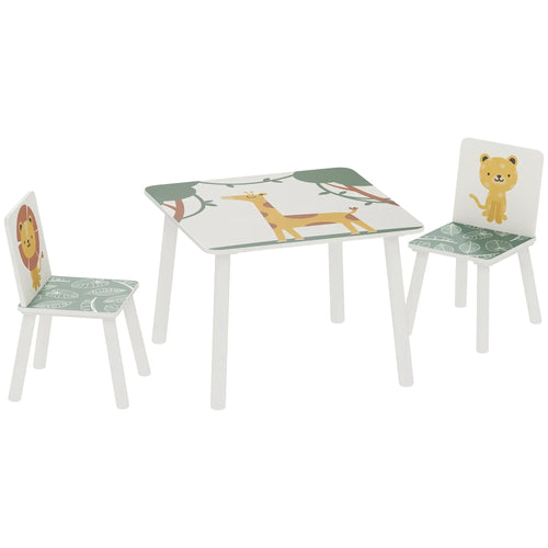 3-piece toddler kids table set with green tabletop and two white chairs with animal prints