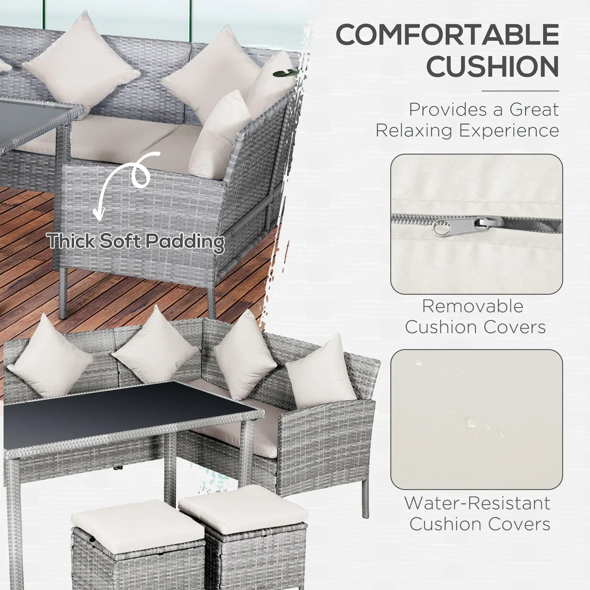 6-Seater Rattan Dining Set Sofa Table Footstool Outdoor w/ Cushion Garden Furniture - Bobobiy