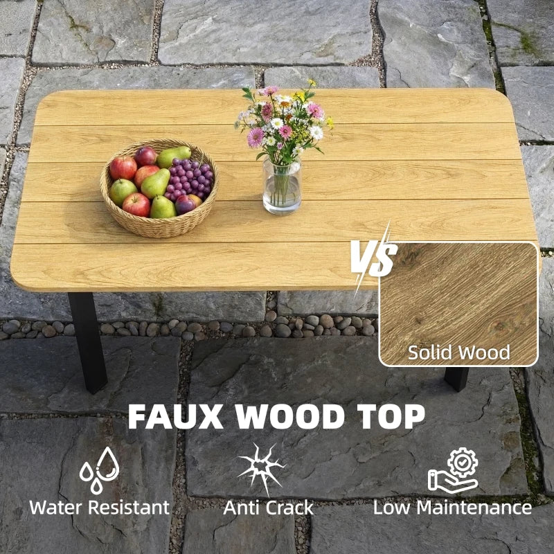 Wood-toned slatted coffee table with dark metal legs