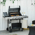 Gas barbecue grill trolley with open lid and food grilling on porcelain enamel grates