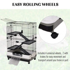 Three-tier wire cage with black ramps and platforms, rolling wheels, slide-out bottom tray