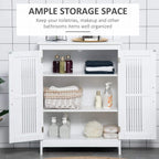 White bathroom floor cabinet with open shelves and slatted cabinet doors.