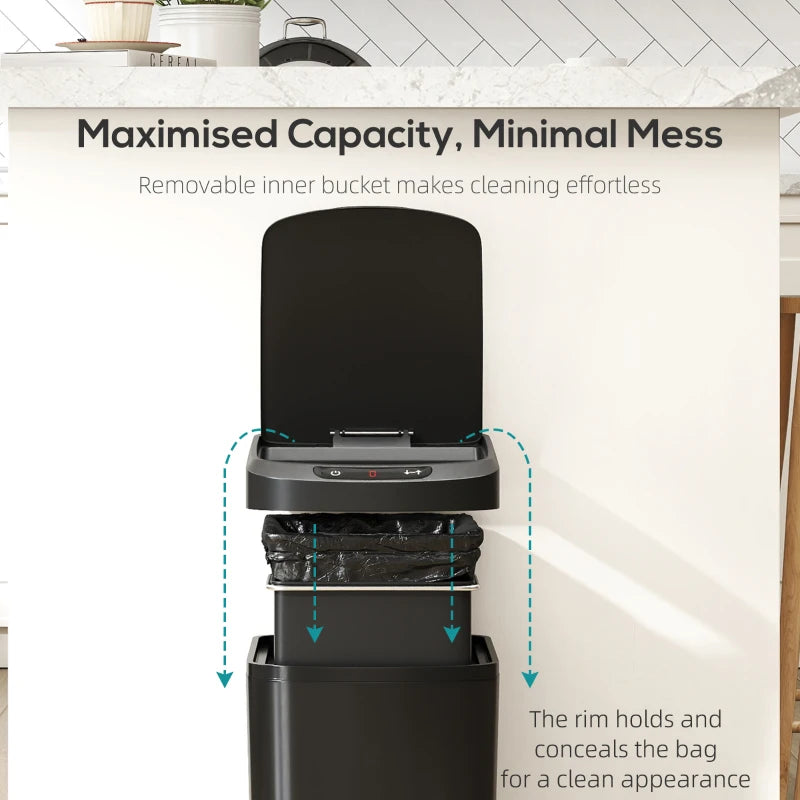 Black sensor trash bin with open lid showing inner bin and bag-conceal rim