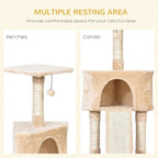 Beige cat tree with upper perch, arched house opening, and sisal scratching post