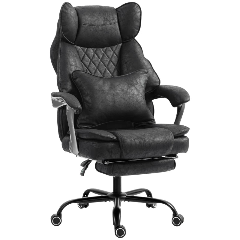 Black executive office chair with wide padded seat, reclining back and headrest