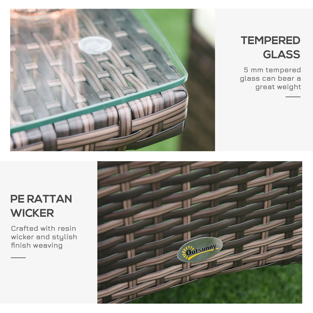 Close-up of the glass tabletop and brown resin rattan weave