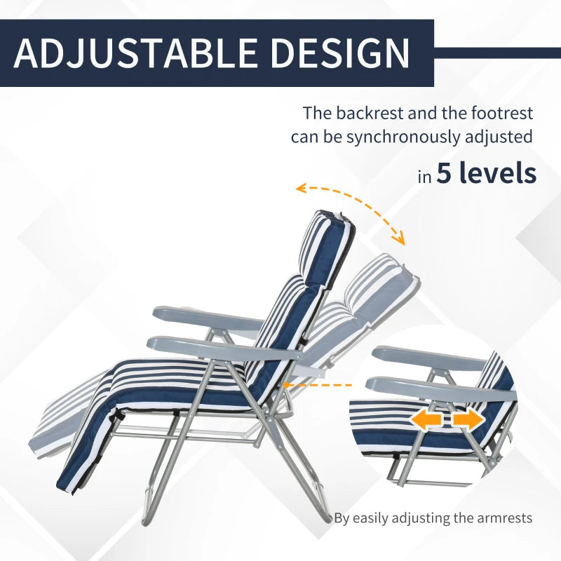 Adjustable folding sun lounger with blue and white striped cushion and reclining backrest