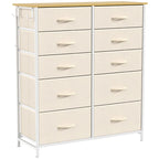 Beige fabric drawer dresser with white steel frame and 10 pull-out drawers