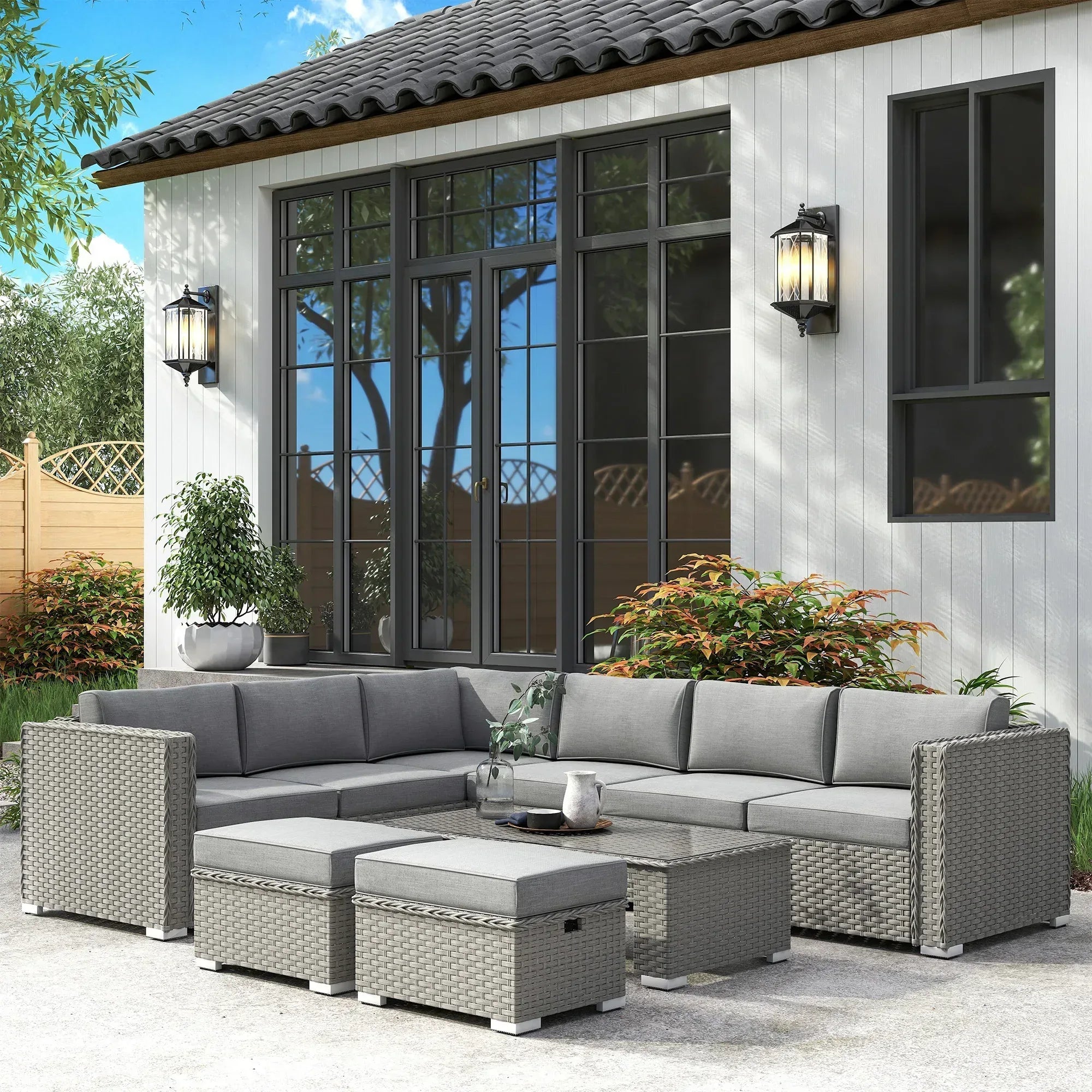 6 Pieces Outdoor PE Rattan Wicker Corner Sofa Set with 10cm Thick Padded Cushions, Aluminium Conservatory Furniture with Glass Top Coffee Table, Footstools, Grey - Bobobiy