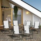 Set of folding patio chairs with cream mesh seat and backrest, black frame with armrests