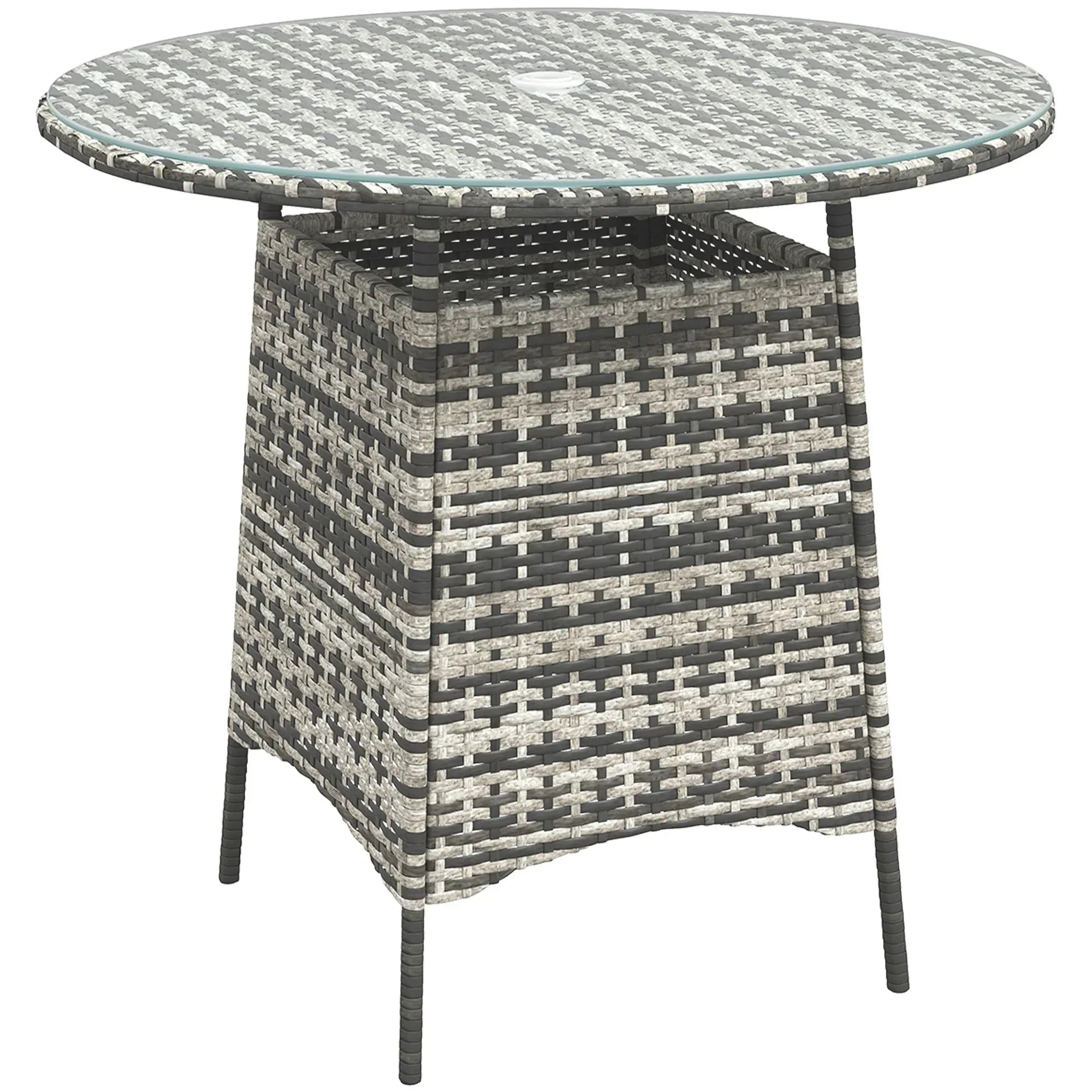 Wicker Garden Rattan Table, Patio Furniture Outdoor Coffee Table with Umbrella Hole and Tempered Glass Top, Grey - Bobobiy