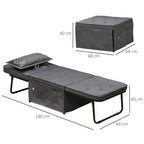 Charcoal grey folding chair bed with pillow and metal legs, shown as a bed
