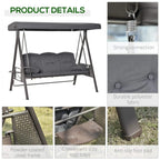 Outdoor swing bench details: dark grey polyester fabric cushions and sturdy frame