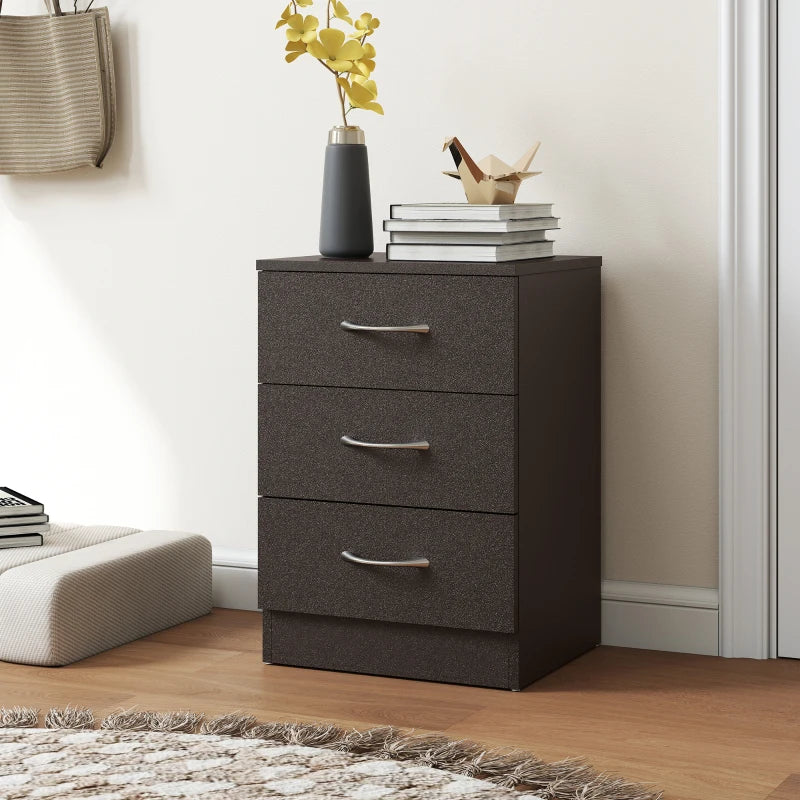 Black three-drawer bedside table with curved silver handles and square top