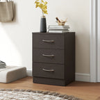 Black three-drawer bedside table with curved silver handles and square top