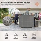 Grey PE rattan corner sofa with tightly woven texture and thick cushioned seating