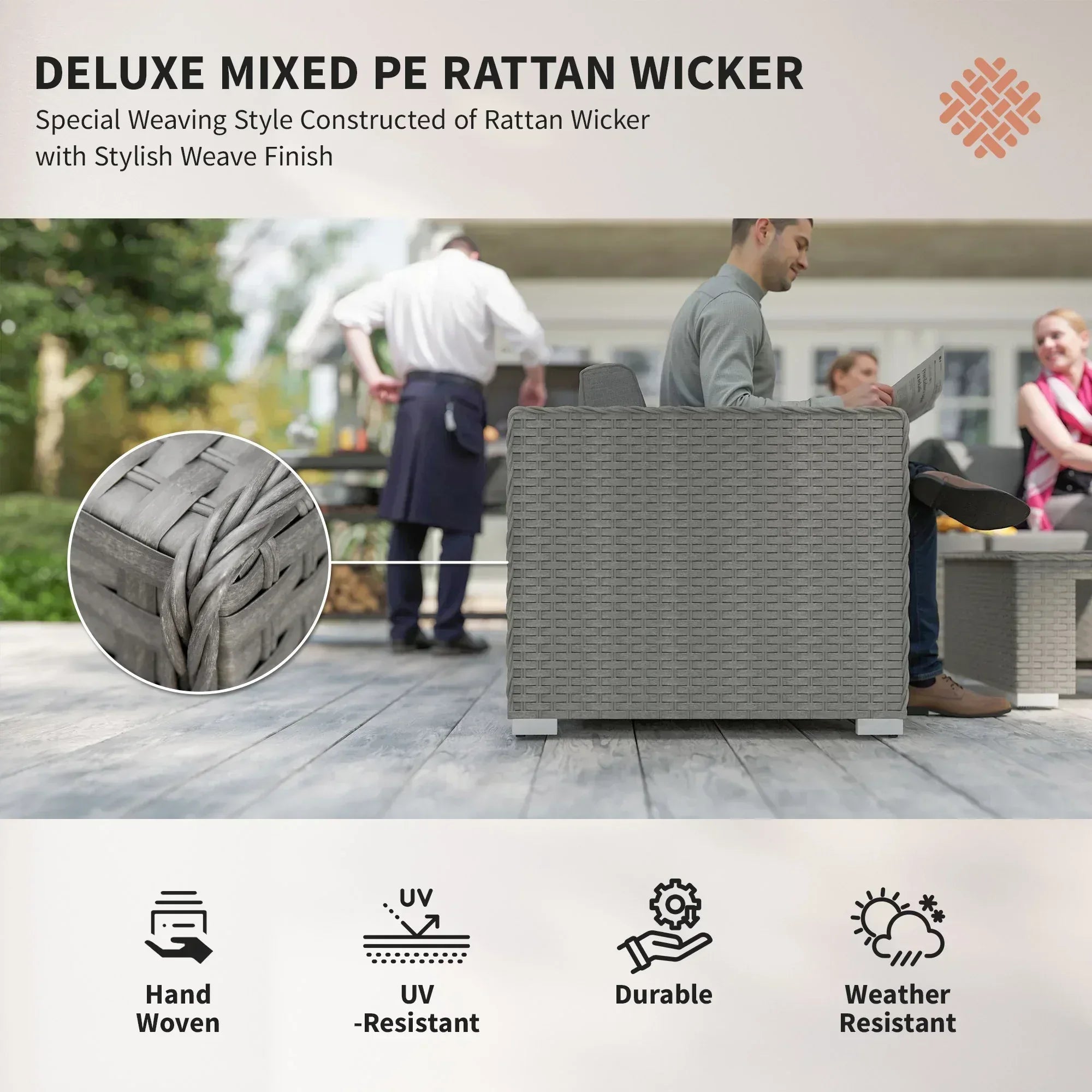 6 Pieces Outdoor PE Rattan Wicker Corner Sofa Set with 10cm Thick Padded Cushions, Aluminium Conservatory Furniture with Glass Top Coffee Table, Footstools, Grey - Bobobiy