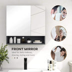 Light grey bathroom mirror cabinet with front mirror panel and countertop-ready storage