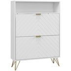 White shoe storage cabinet with chevron indents, gold-tone handles, open top shelf